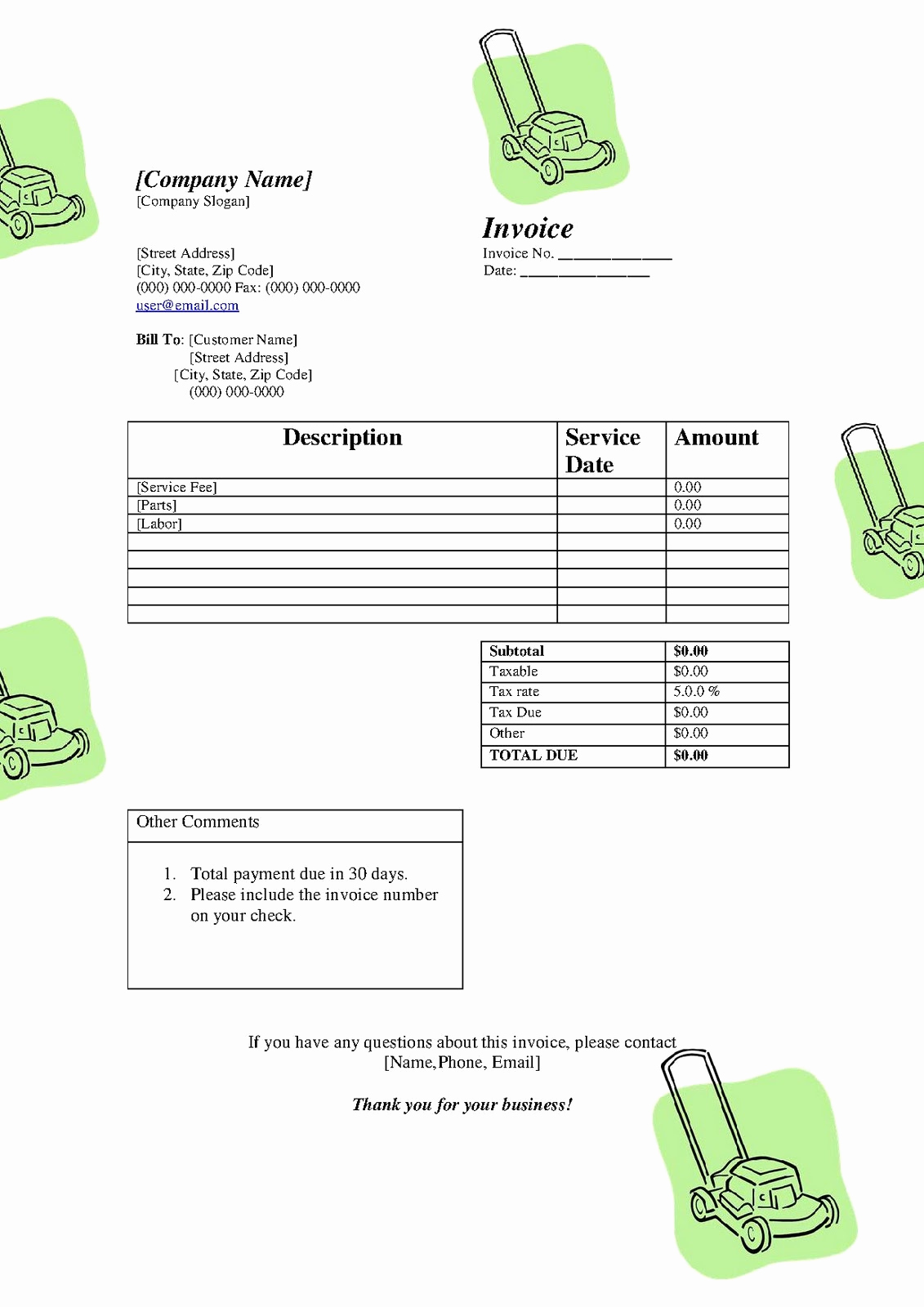 Landscaping Invoice Template Free Beautiful Free Printable Templates Free Lawn Service Lanscaping