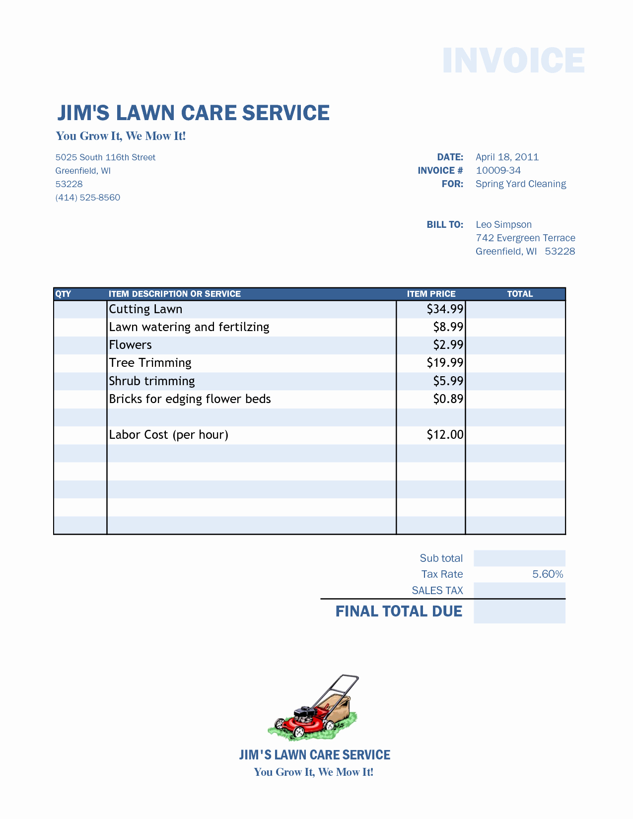 Landscaping Invoice Template Free New Lawn Care Invoice Template Word