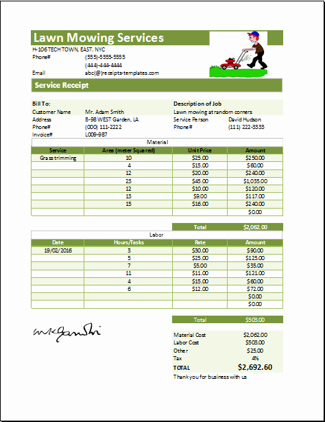 Lawn Care Invoice Template Pdf Lovely Ms Excel Printable Lawn Mowing Receipt Template