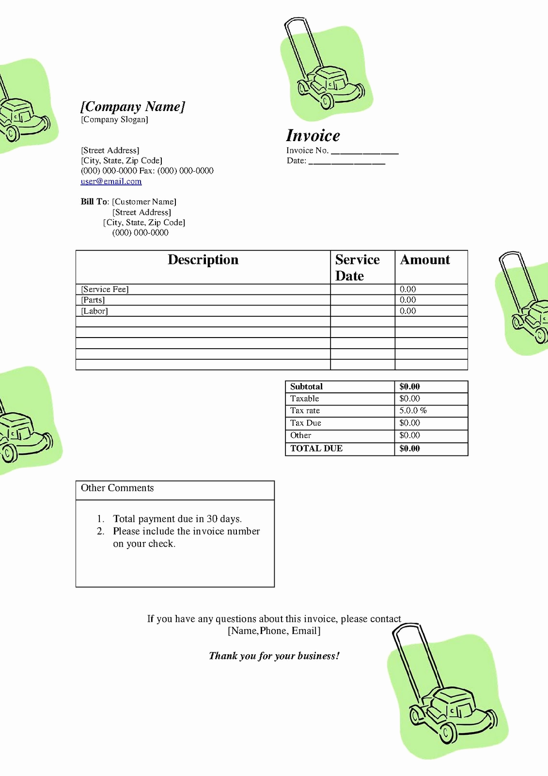 Lawn Care Invoice Template Unique Free Printable Templates Free Lawn Service Lanscaping