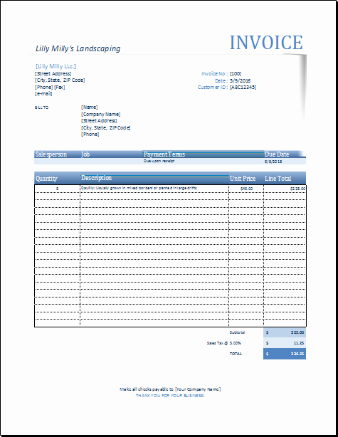 Lawn Service Invoice Template Excel Fresh Landscape Invoice Template for Excel