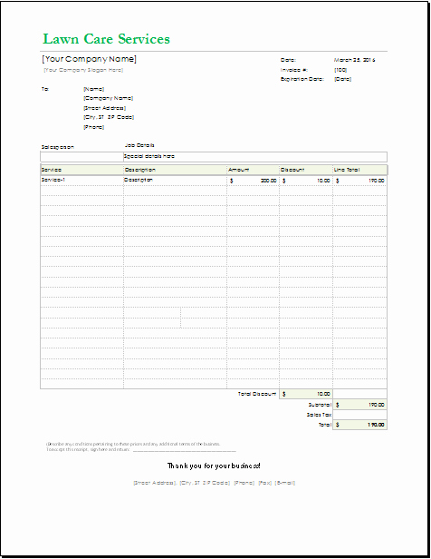 Lawn Service Invoice Template Unique Lawn Care Receipt Template for Excel