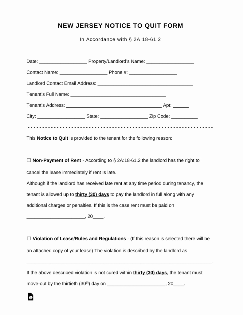 Lease Violation Notice Template Awesome Free New Jersey Notice to Quit form