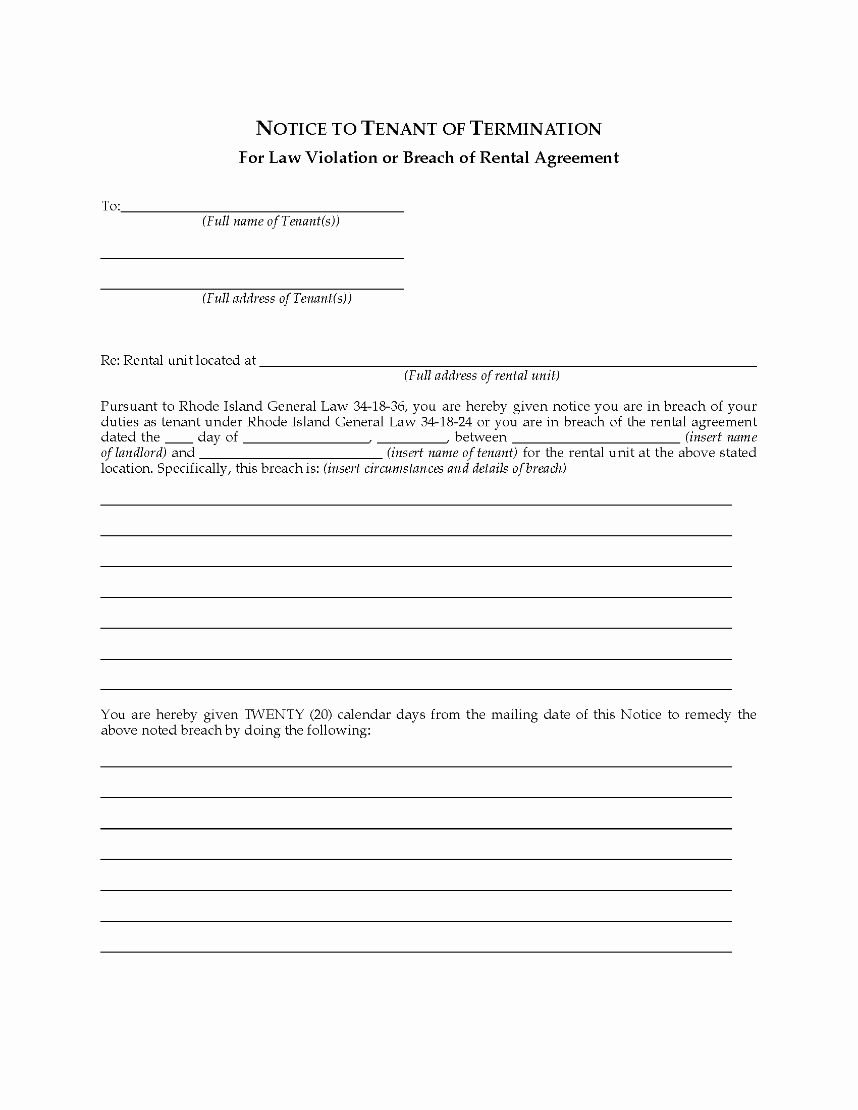 Lease Violation Notice Template Elegant Rhode island Notice to Tenant Of Termination for Violation