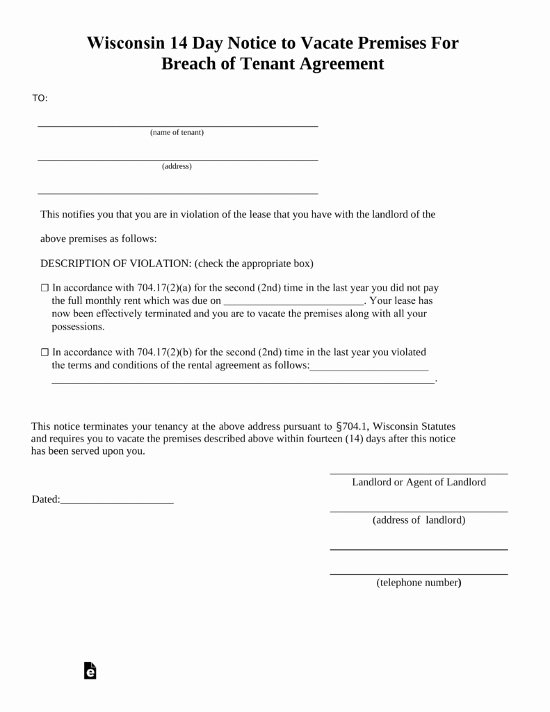 Lease Violation Notice Template Inspirational Free Wisconsin 14 Day Notice to Quit form