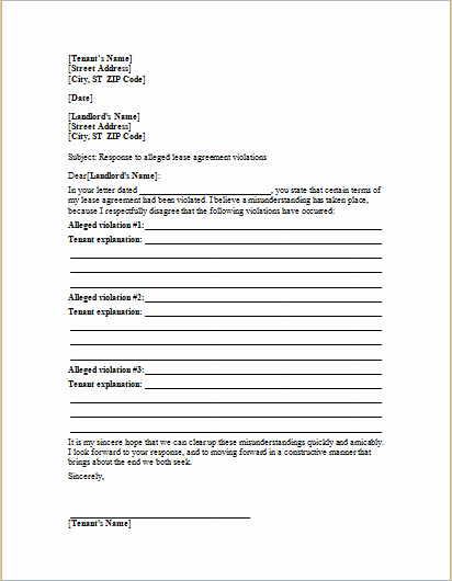 Lease Violation Notice Template Lovely Letter to Landlord Responding Alleged Lease Violations