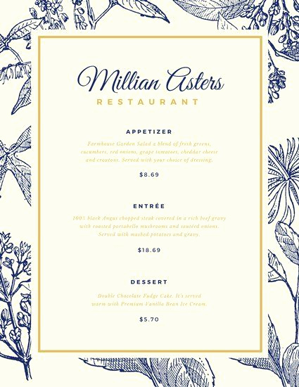 Menu Design Ideas Template Awesome Blue and Gold Floral Elegant Menu