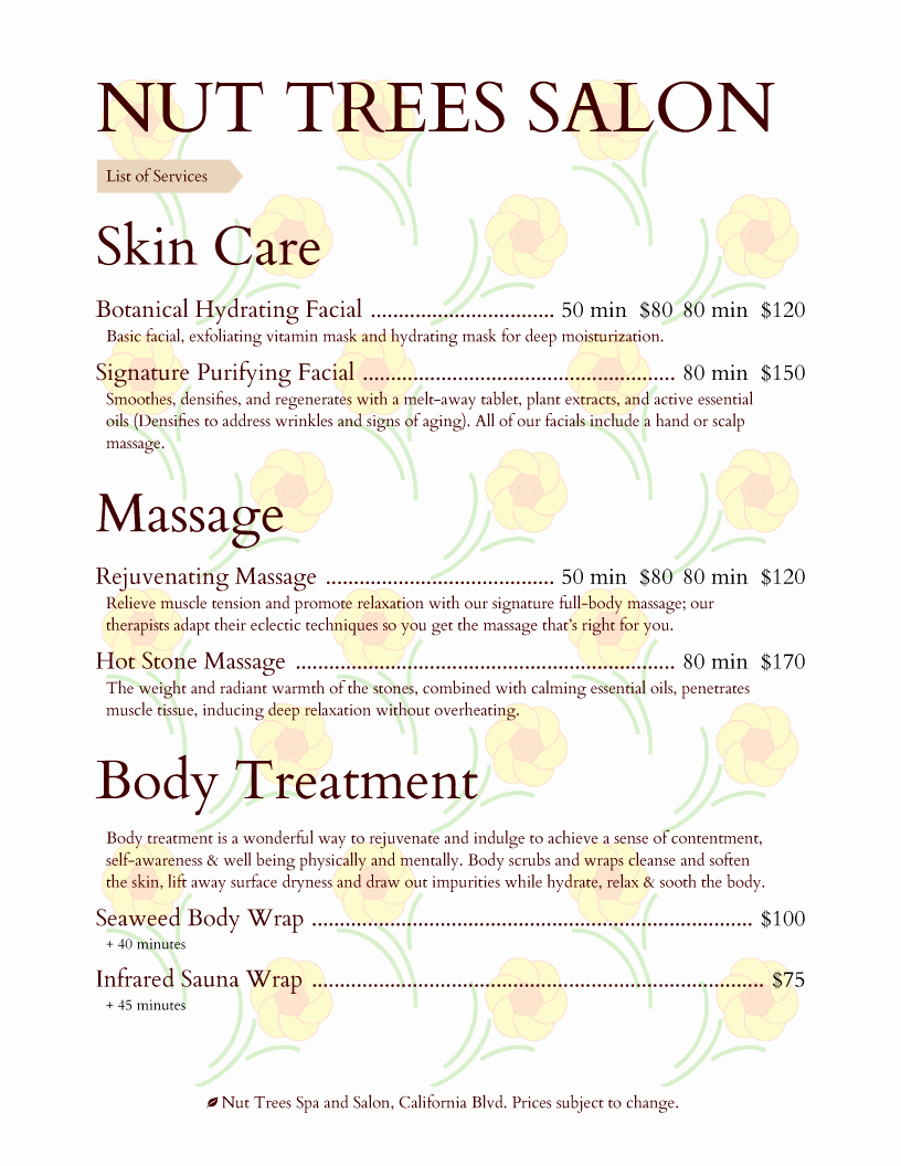Menu Of Services Template Awesome Salon Menu Templates From Imenupro