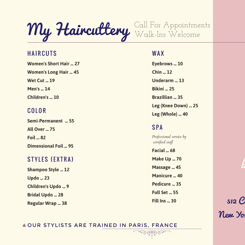 Menu Of Services Template Elegant Salon Menu Templates From Imenupro