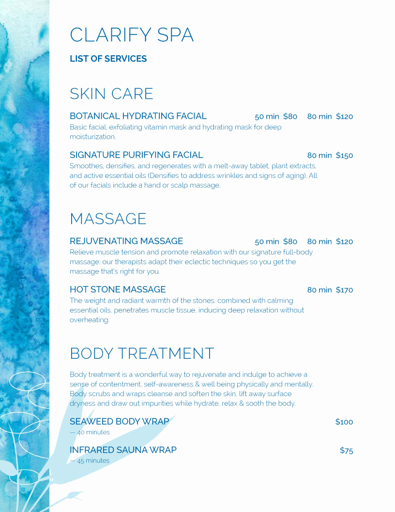 Menu Of Services Template Inspirational Spa Menu Templates and Designs From Imenupro