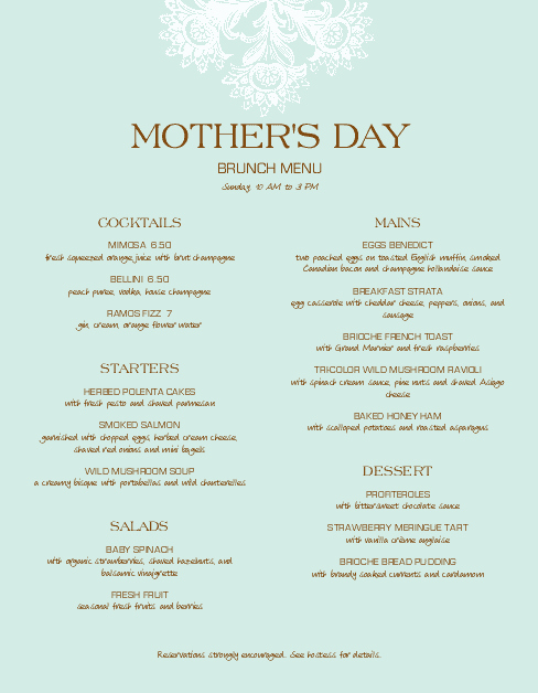 Mothers Day Menu Template Unique Upscale Mothers Day Menu