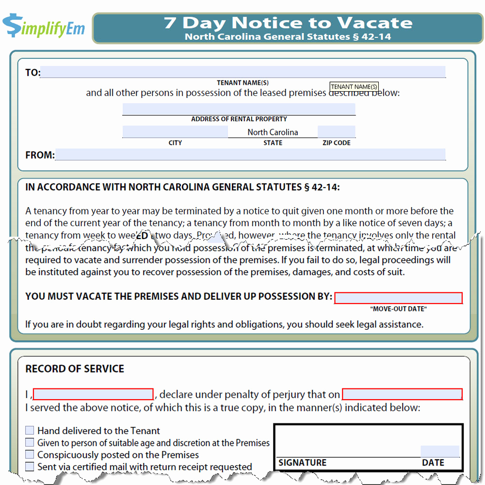 Nc Eviction Notice Template Elegant north Carolina Notice to Vacate