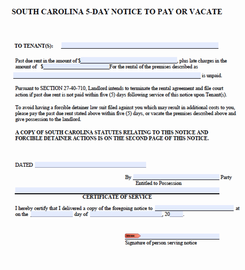 Nc Eviction Notice Template Fresh Free south Carolina Five 5 Day Notice to Quit