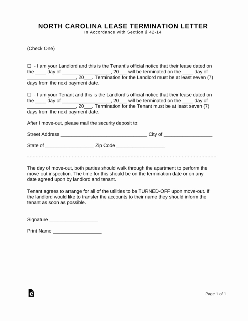 Nc Eviction Notice Template New north Carolina Lease Termination Letter form