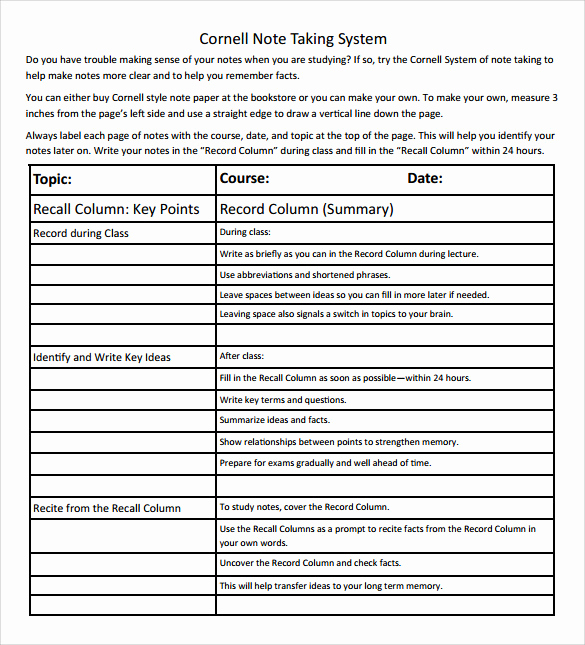 Note Taking Template Word Beautiful Free 9 Cornell Note Taking Templates In Pdf