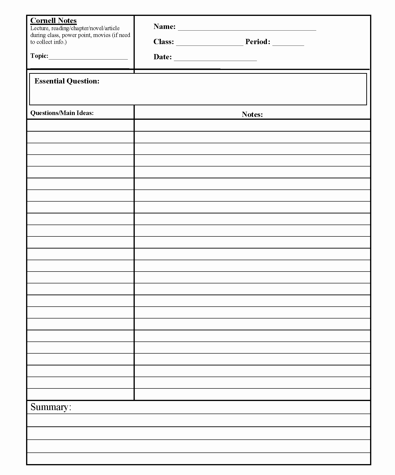 Note Taking Template Word Fresh Blank Cornell Notes Template Notes Word Doc