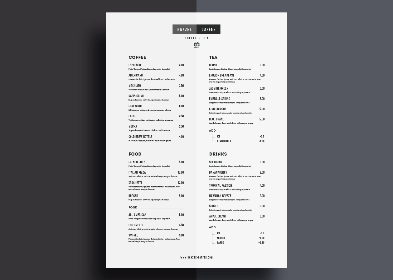 One Page Menu Template Awesome E Page Restaurant Menu Template