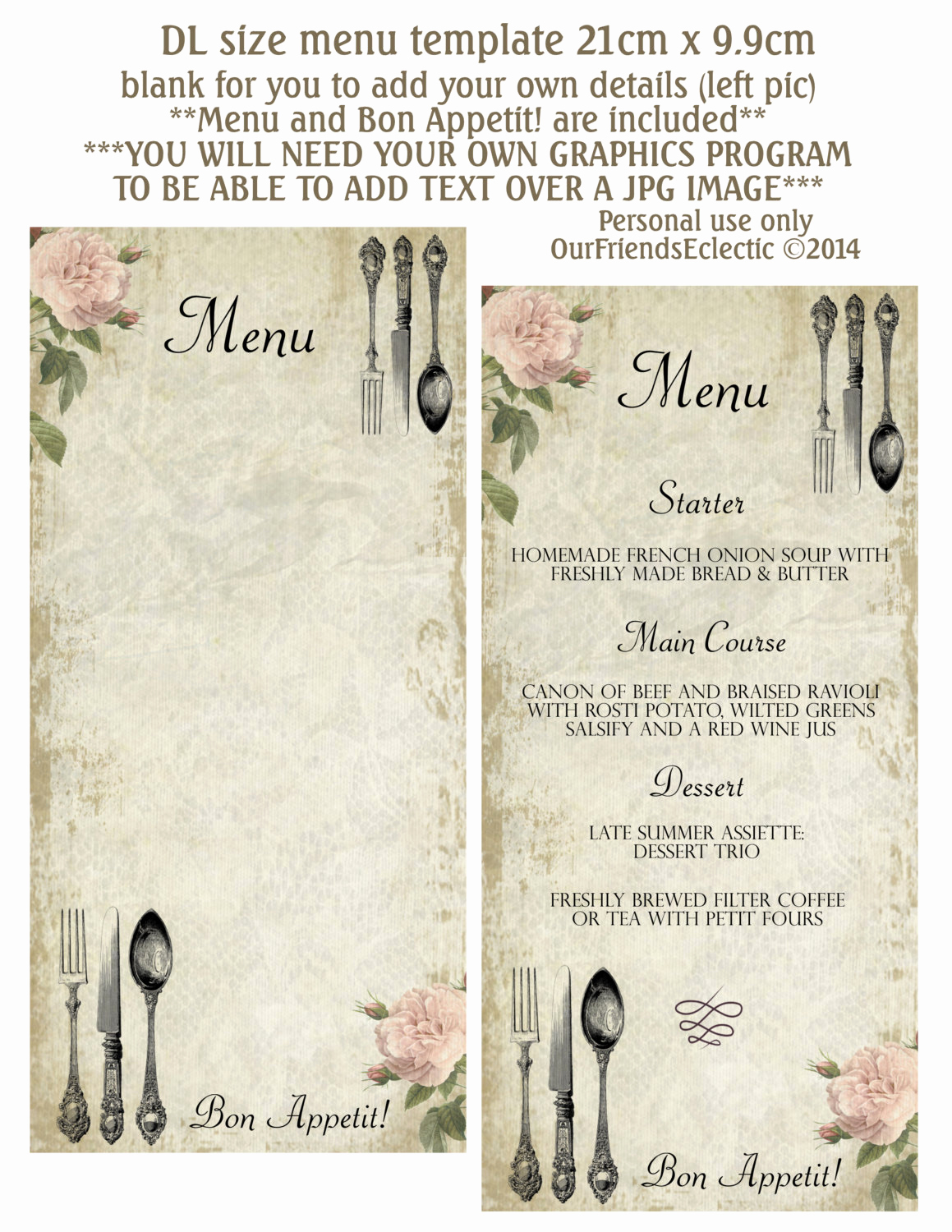 One Page Menu Template Lovely Printable Menu Blank Menu Shabby Pink Rose Vintage Cutlery