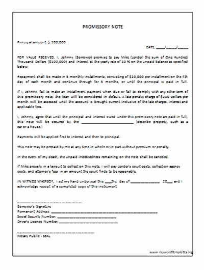 Promissory Note Template Free Download Inspirational Free Promissory Note Template Word
