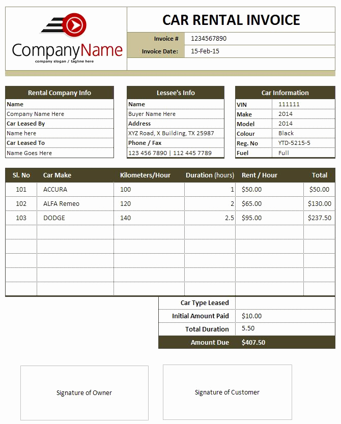 Rent Invoice Template Pdf Fresh Car Rental and Sales Invoice Templates