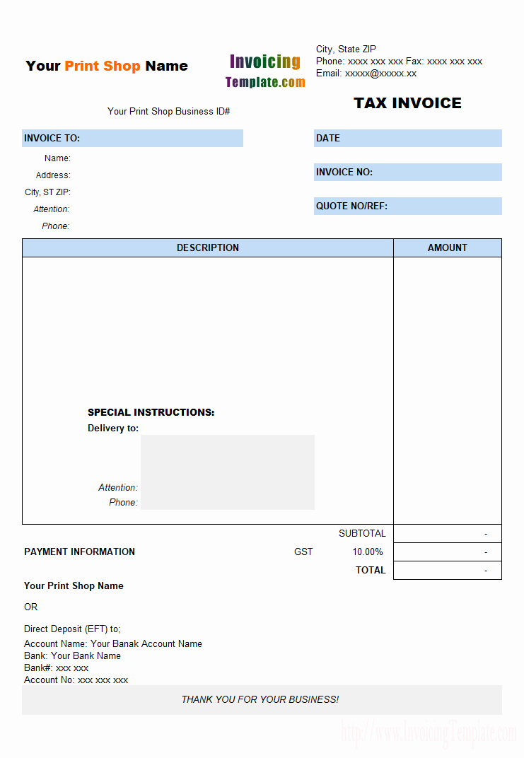 Rental Invoice Template Excel New Tax Invoice for Printing Shop