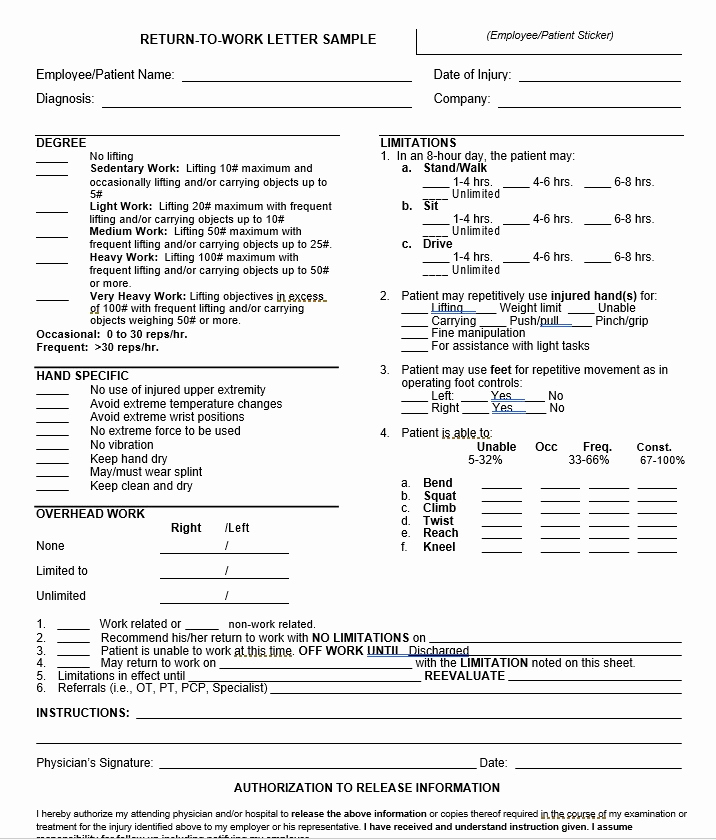 Return to Work Note Template Beautiful 7 Amazing Return to Work form Template &amp; Example