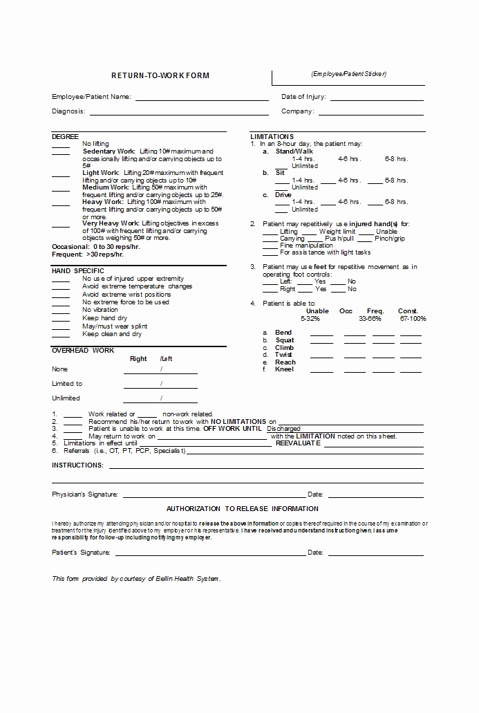 Return to Work Note Template Inspirational 49 Best Return to Work [&amp; Work Release forms] Templatelab