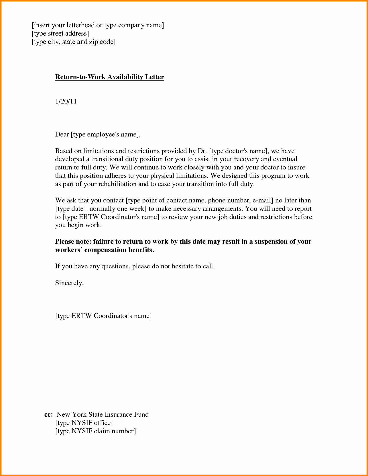 Return to Work Note Template Lovely Return to Work with Restrictions Letter