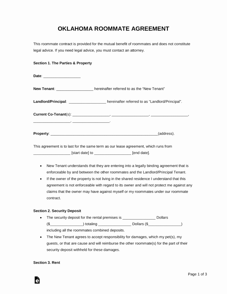 Roommate Eviction Notice Template Elegant Free Oklahoma Roommate Agreement form Pdf