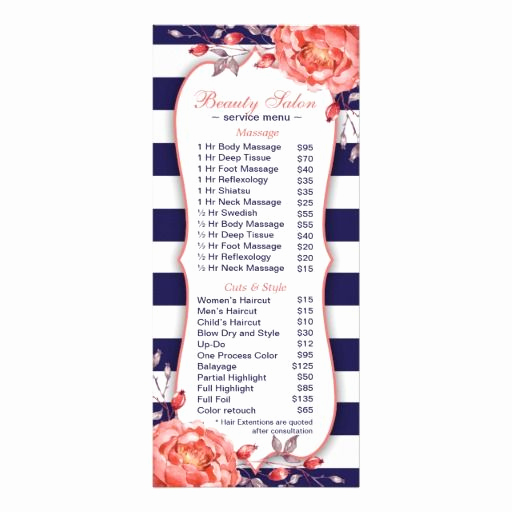 Salon Services Menu Template Awesome A Navy and Coral Salon and Spa Menu Of Services Rackcard