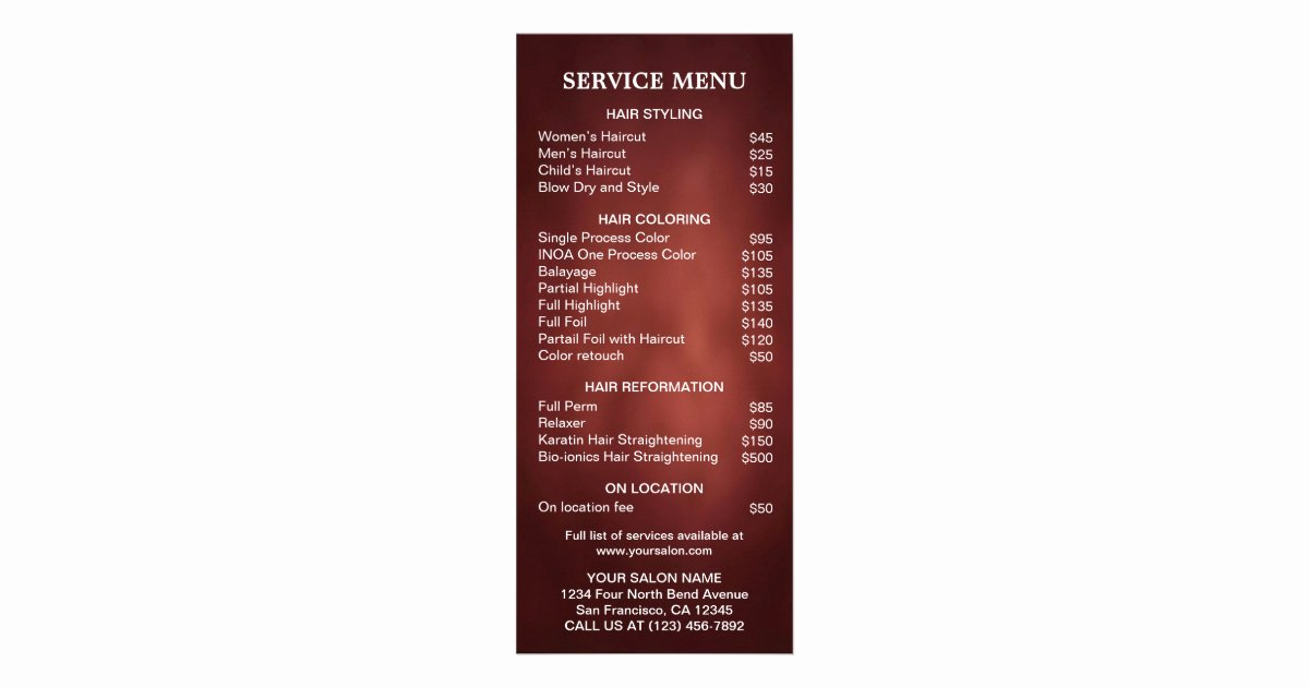 Salon Services Menu Template Awesome Professional Hair Salon Service Menu Template