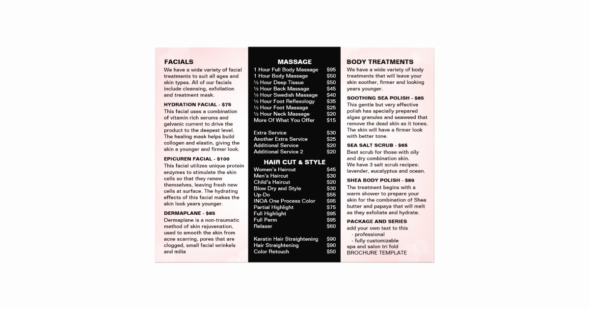 Salon Services Menu Template Inspirational Salon and Spa Menu Services Template