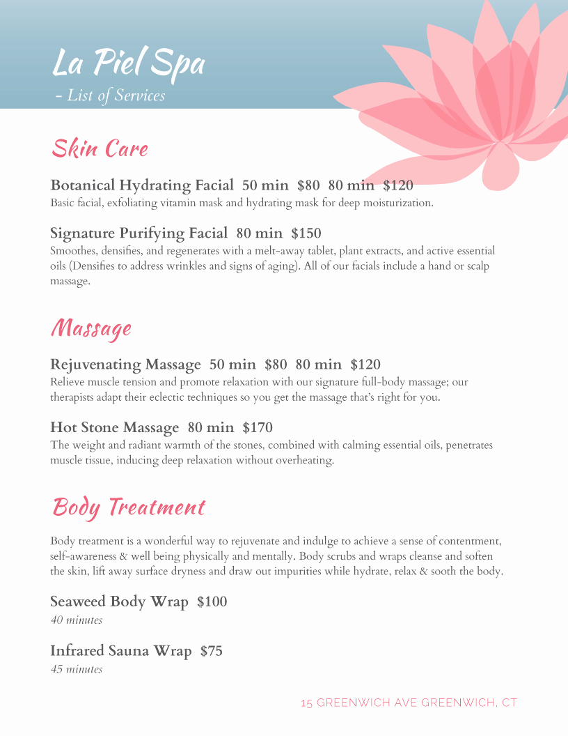 Salon Services Menu Template New Spa Menu Templates and Designs From Imenupro