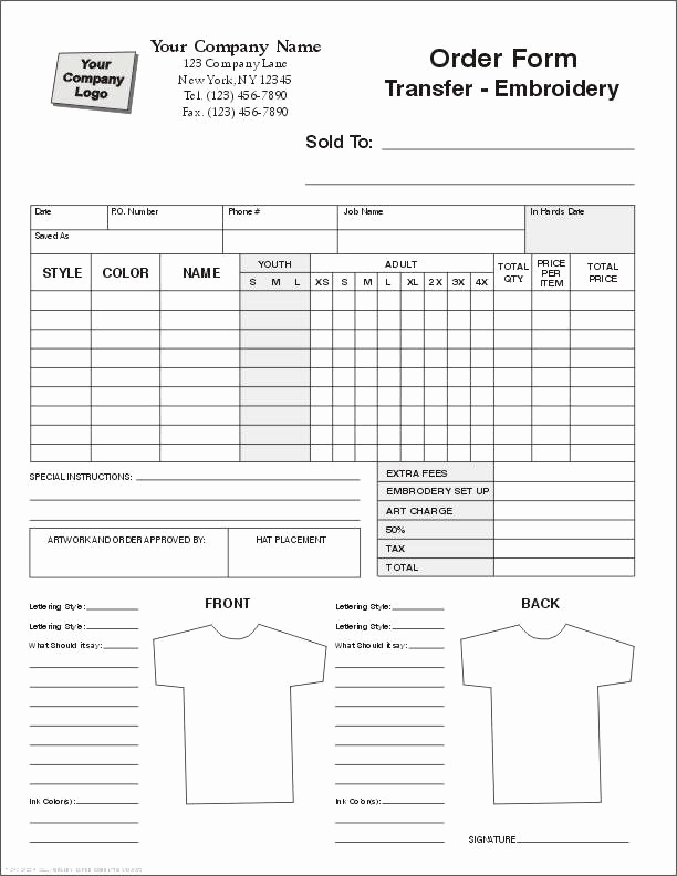 Screen Printing Invoice Template Lovely Embroidery order form Embroidery form