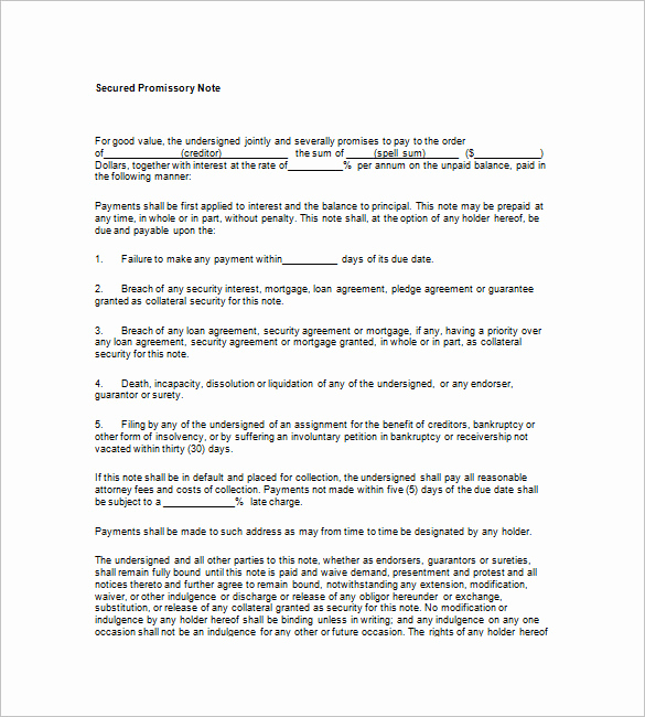 Secured Promissory Note Template Word Elegant Secured Promissory Note