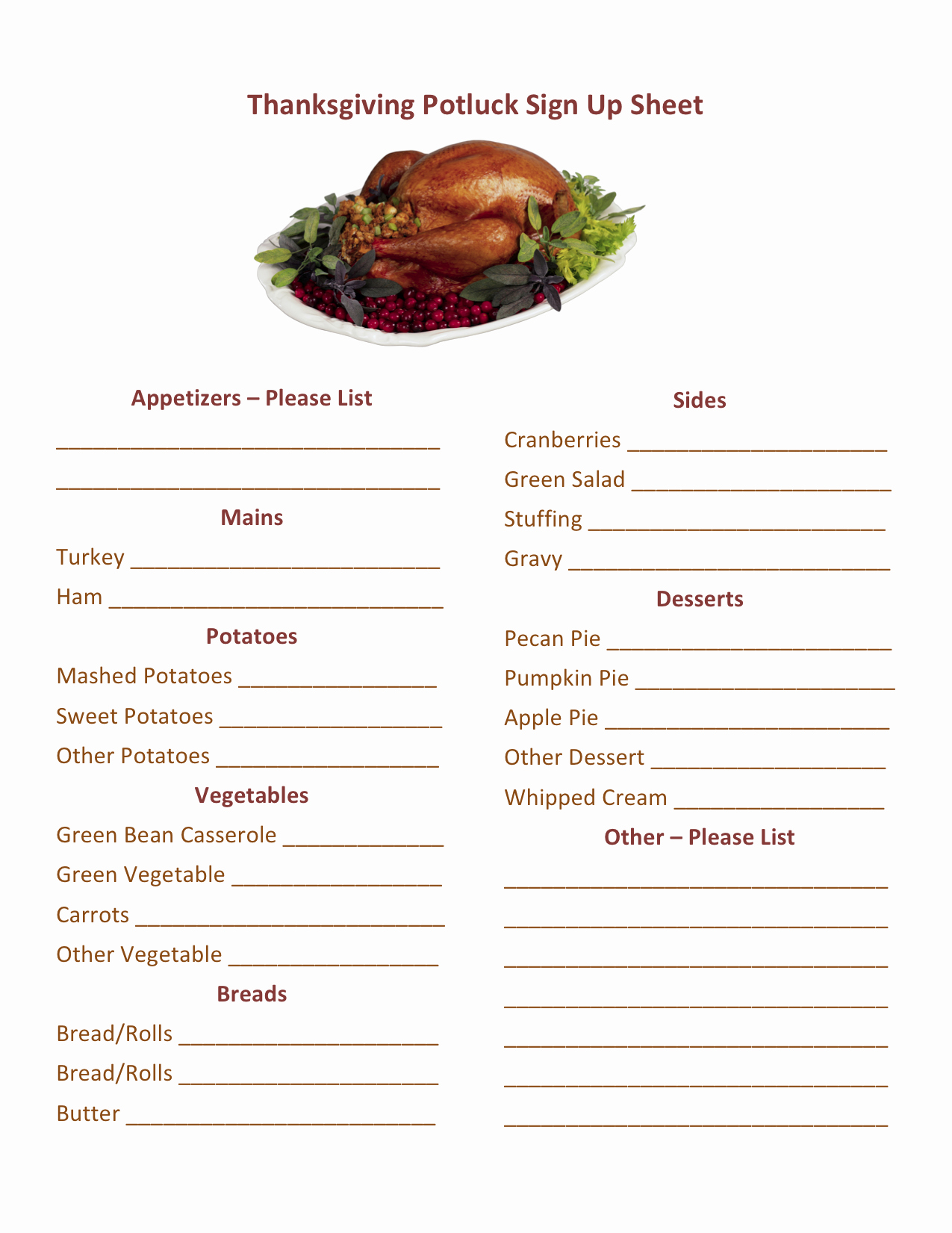 Soul Food Menu Template Luxury Thanksgiving Potluck Sign Up Printable