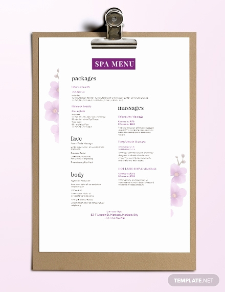 spa menu templates