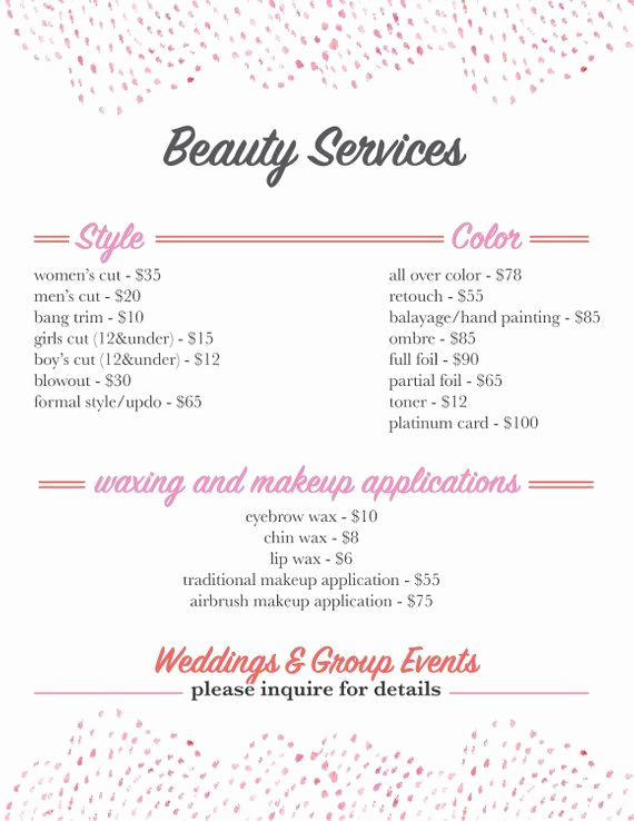 Spa Service Menu Template Awesome Salon Services Menu Template