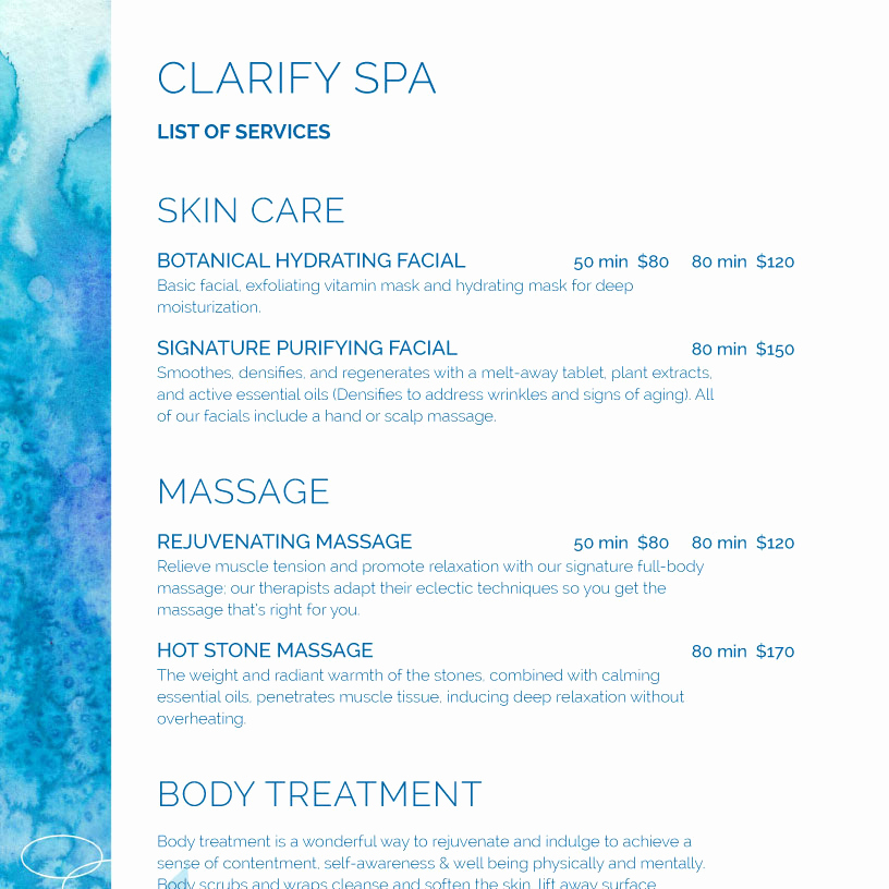 Spa Service Menu Template New Spa Menu Templates and Designs From Imenupro