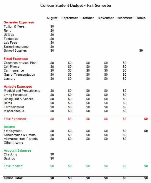 Student Monthly Budget Template Luxury Free College Student Bud – Tip Junkie