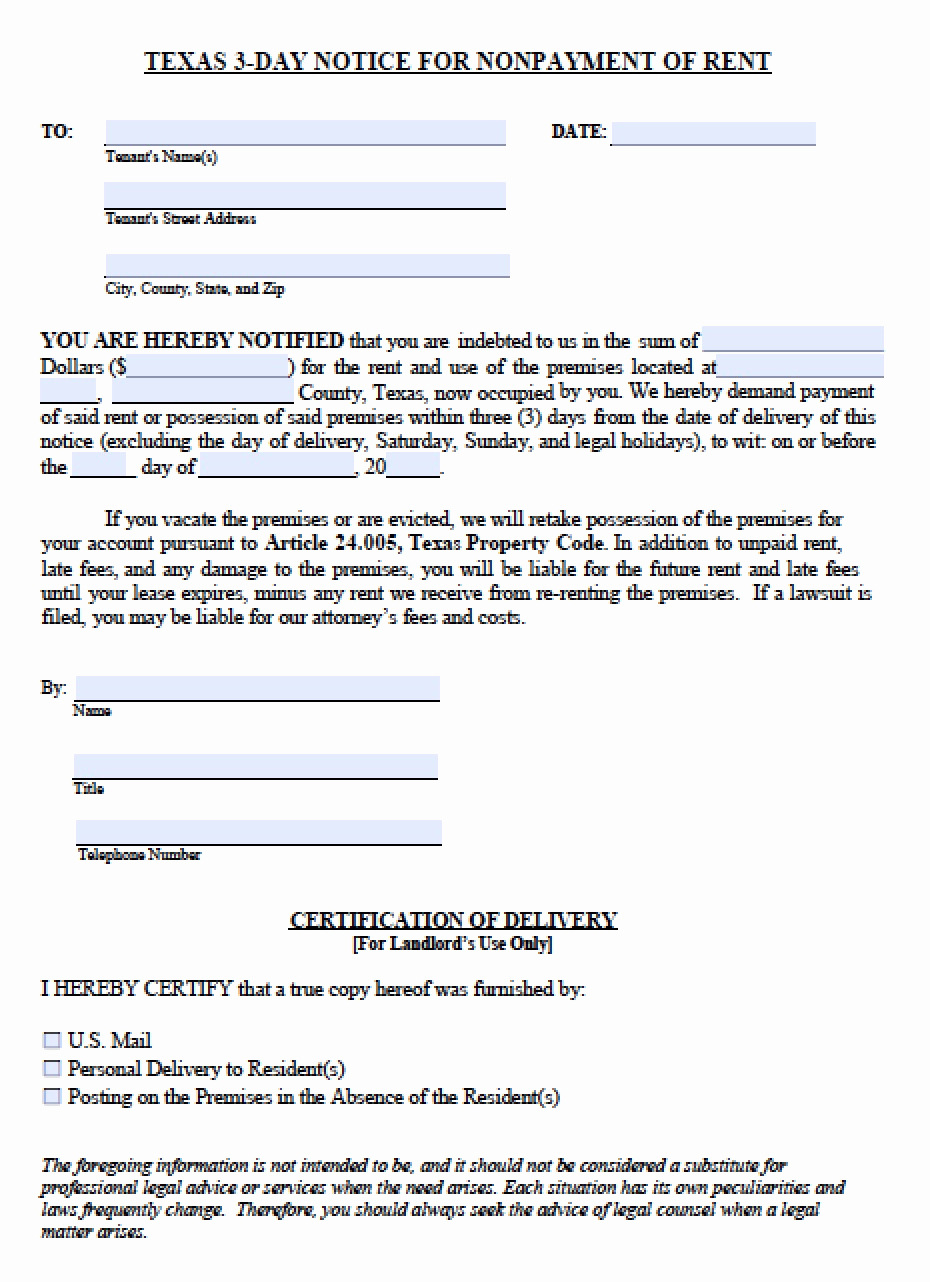 Texas Eviction Notice Template Fresh Free Texas Three 3 Day Notice to Quit