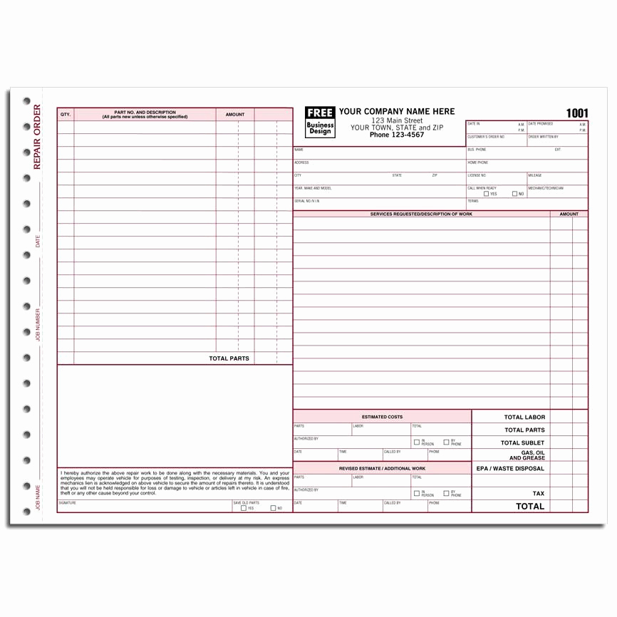 Truck Repair Invoice Template Beautiful Automotive Repair Carbonless Invoice