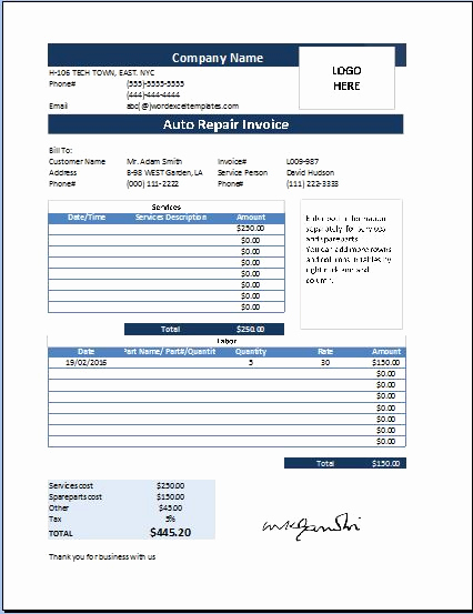 Truck Repair Invoice Template Best Of Ms Excel Auto Repair Invoice Template