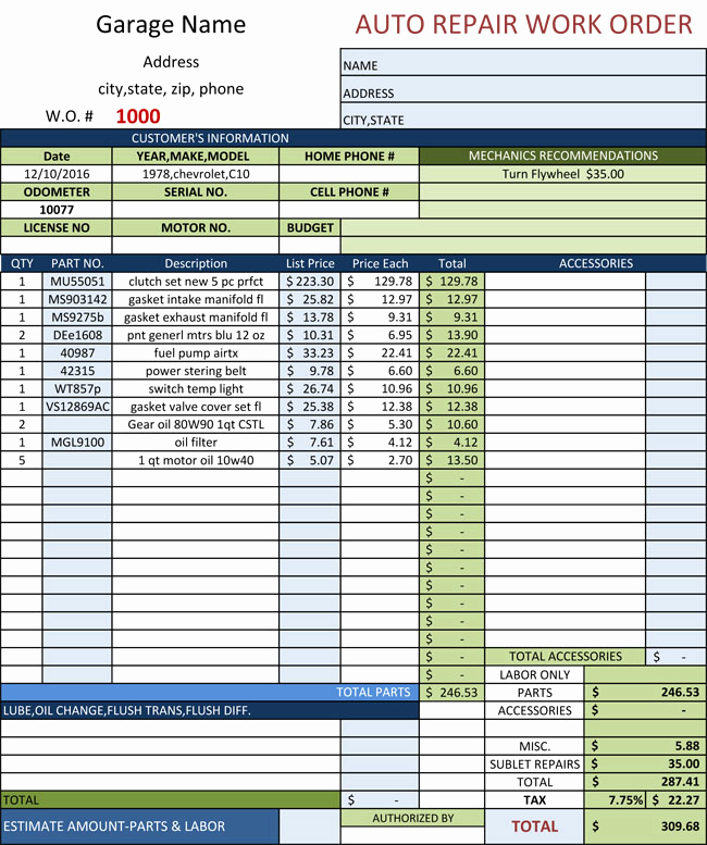 Truck Repair Invoice Template Elegant Auto Repair Invoice Templates 10 Printable and Fillable