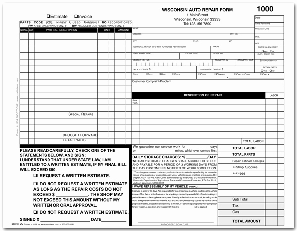 Truck Repair Invoice Template Inspirational Auto Repair Invoice for Wisconsin Custom Printing