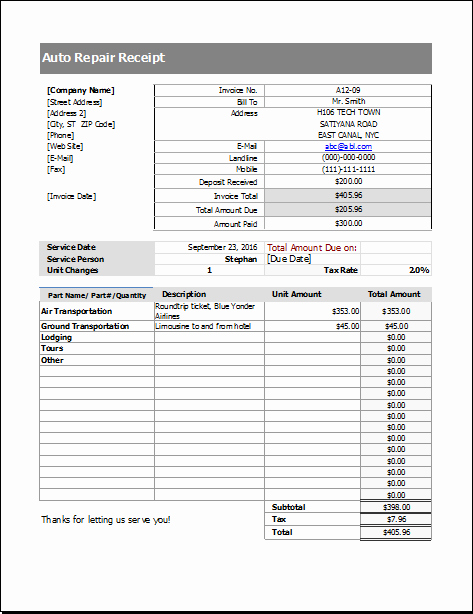 Truck Repair Invoice Template Lovely Auto Repair Receipt