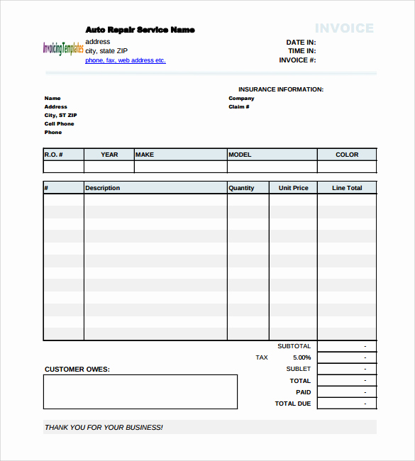 Truck Repair Invoice Template Unique Automotive Repair Invoice forms