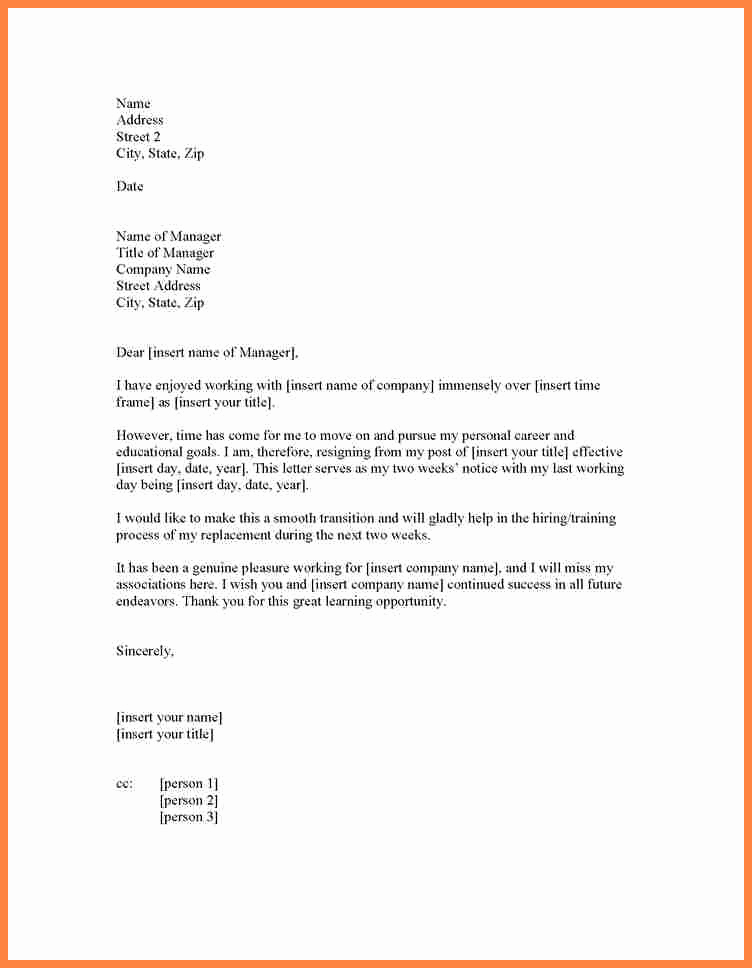 Two Weeks Notice Email Template Awesome 5 formal 2 Week Notice Letter Resignation – Notice Letter