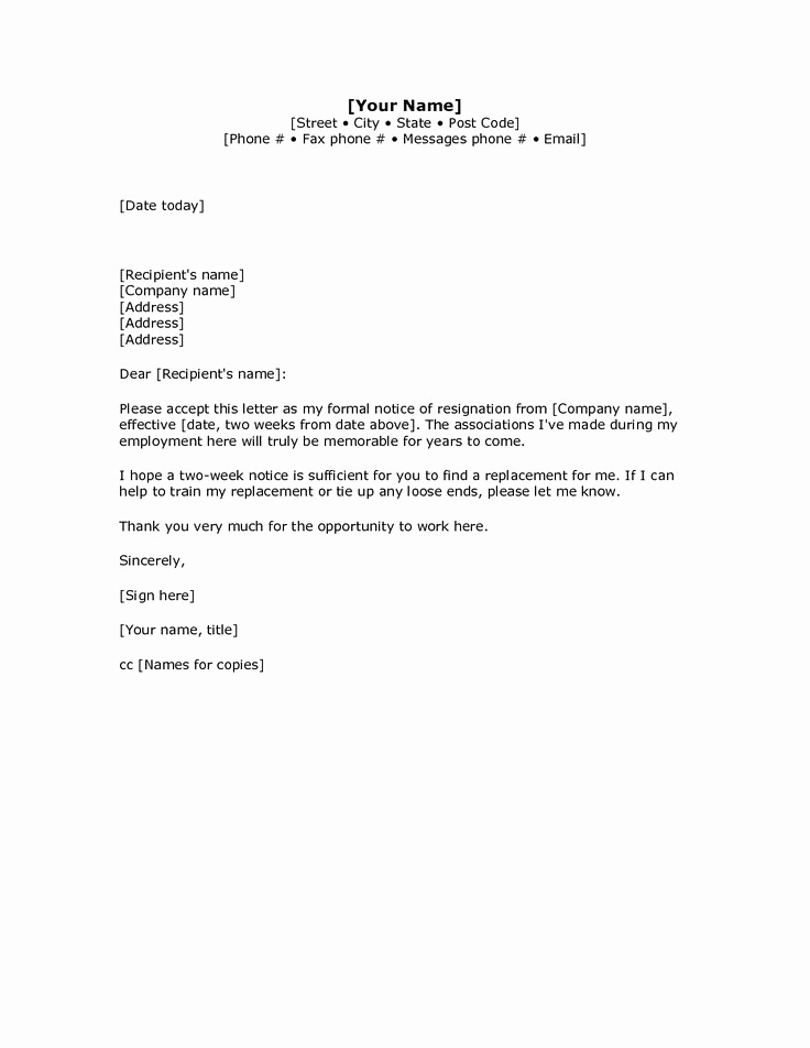 Two Weeks Notice Email Template New 2 Weeks Notice Letter Resignation Letter Week Notice Words