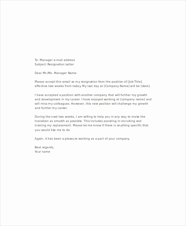 Two Weeks Notice Email Template New 9 Email Resignation Letter Templates Free Word Pdf